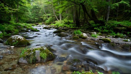 Tranquil river flowing through a vibrant green forest