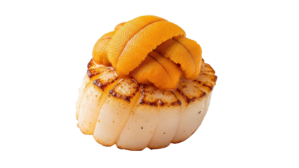 Grilled Scallop with Orange Sea Urchin Uni Sushi Delicacy isolated PNG with Transparent Background