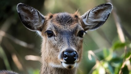 Detailed headshot of a beautiful young deer with wet fur and large