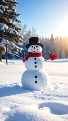 Obraz premium A snowman in a winter wonderland, bright sunlight on snow