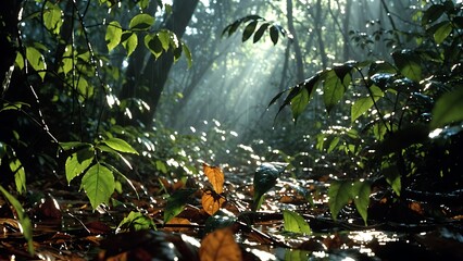 Rain-kissed leaves shimmer in golden sunbeams within a tranquil forest