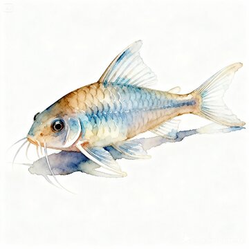 Corydoras Catfish Fish, watercolor, isolated on white background