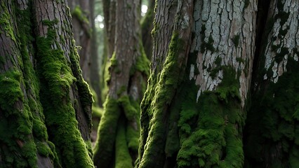 Sunlight illuminating moss-covered tree trunks in a serene forest
