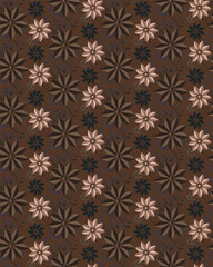 Abstract flowers, thin twigs and specks on chocolate background in vector pattern.