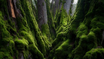 Fototapeta premium Vibrant green moss blankets ancient trees in a serene forest
