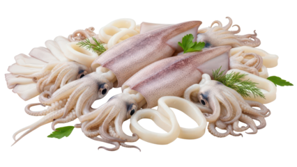 Fresh Raw Squid and Calamari Rings with Dill and Mint Leaves isolated PNG with Transparent Background
