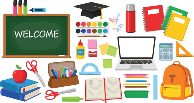 Colorful collection of school supplies, books, stationery, laptop, chalkboard, backpack, and classroom items in detailed vector illustration