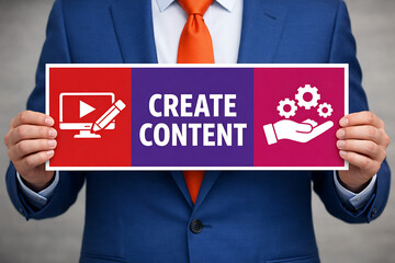 CREATE CONTENT. Business people use internet technology to study on smartphone and computer digital marketing new concepts 