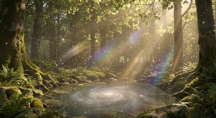 Fototapeta premium Enchanted Forest Sunbeams and Mystic Pool, Magical Nature Background