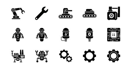 Robots and industrial tools icons.