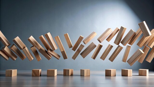 Wooden Blocks in Motion A Dynamic Composition of Falling and Stationary Rectangular Shapes on a Reflective Surface