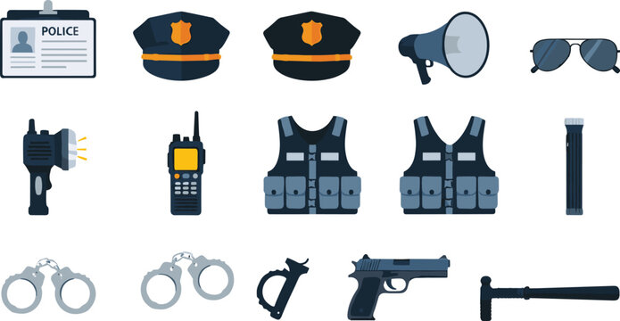 Collection of police equipment icons including badges, hats, gear, handcuffs, radio, megaphone, gun, and tactical accessories