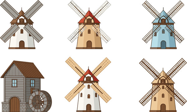 Set of traditional windmills and watermill buildings in various styles and colors illustrated in detailed vintage vector design