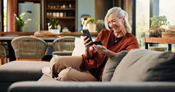 Senior woman, phone and credit card for online shopping in home, easy payment and digital banking for bills. Person, smartphone and mobile app with ecommerce, fintech and retail discount at apartment