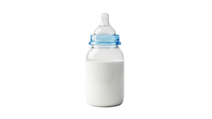 Clear Glass Baby Bottle with Blue Cap and White Milk Product Shot isolated PNG with Transparent Background