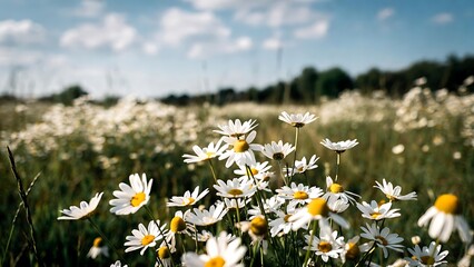 Vibrant white daisies with yellow centers in a sunny meadow