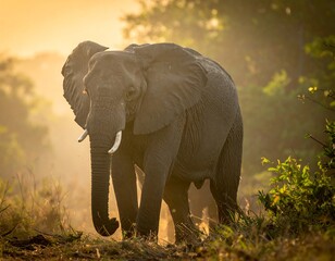 Large elephant stands in golden sunlight, eyes forward