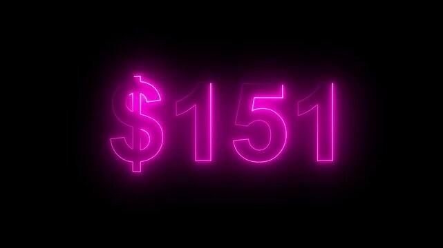 Glowing neon $151price sign on dark background. Money symbol, sale, cost, price display, retail sale, finance, Value, Sale, Marketing Background.