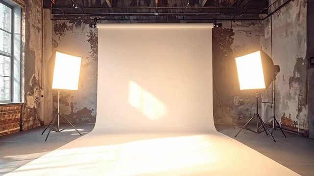 Spacious studio interior with white backdrop, softbox lighting, and industrial-style walls, creating a versatile photography space.