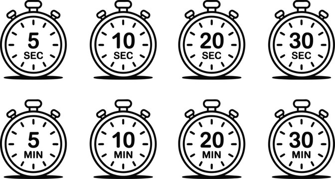 A collection of black and white stopwatch timers displaying different time intervals