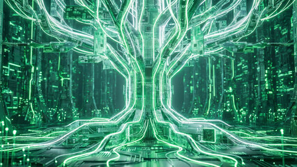 Symmetrical digital tree made of glowing circuit boards with central composition.