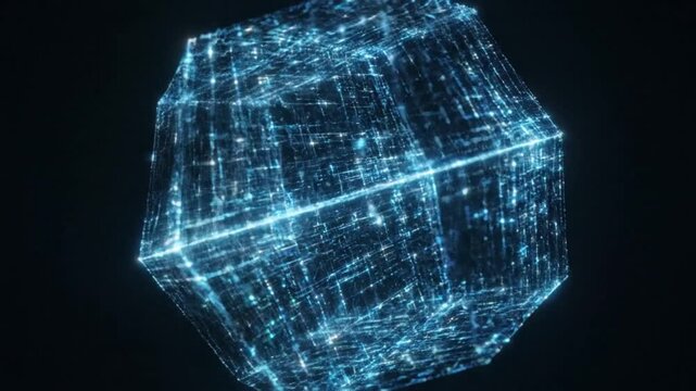 Glowing blue wireframe cube with neon-like edges and a dark background, showcasing a futuristic digital design with a technological mood.