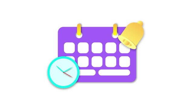 Animated Calendar Reminder with Alarm Bell and Clock Schedule Planning, Time Management and Event Notification Motion Graphic on White Background