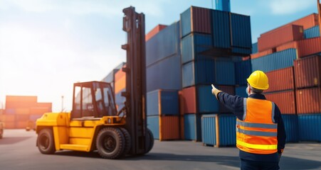 Logistics worker wearing hard hat and safety vest directing a forklift at a container shipping port yard, managing global trade