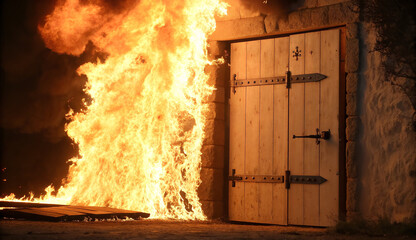 Tall flames engulf a wooden door next to a stone wall, illuminating the scene with intense heat and danger. The atmosphere is tense and urgent.