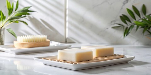 Serene bathroom setting with natural soap bars on a minimalist wooden and ceramic soap dish, bathed in soft sunlight