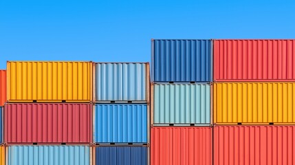 Fototapeta premium Shipping containers in various colors stacked against a blue sky, representing global trade and freight transportation