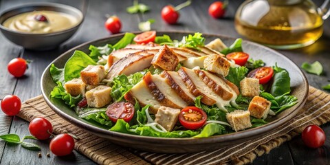 Delicious Grilled Chicken Salad with Croutons and Creamy Dressing in a Bowl