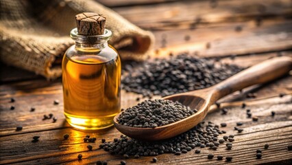 Golden Oil in Glass Bottle with Dark Seeds on Wooden Spoon