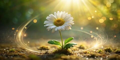 A single daisy illuminated by golden light, surrounded by ethereal energy, blossoms in fertile ground.