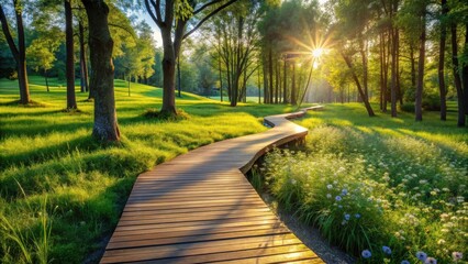 Serene Sunset Stroll Along a Winding Wooden Path Through a Lush Green Meadow and Tranquil Forest