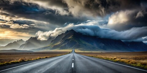 Asphalt road disappearing into a dramatic mountain range under a breathtaking, cloud-filled sky