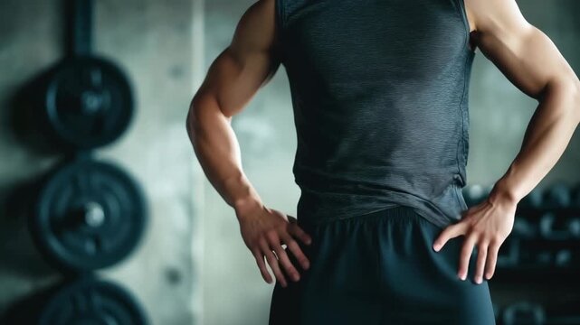ジムで腰に手を添え体幹を意識する男性のトレーニング