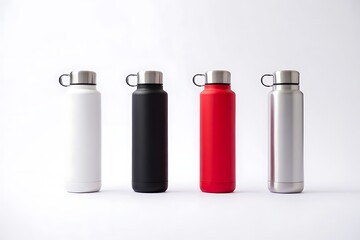 Four insulated stainless steel water bottles in different colors on white background  everyday drinkware