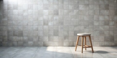 Modern Minimalist Interior Design with a Simple Wooden Stool Against a Grey Tile Wall