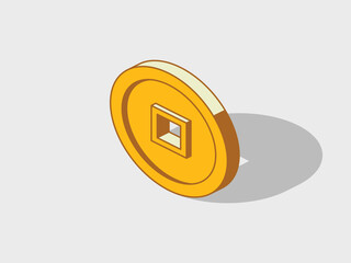 Chinese gold coin isometric vector illustration with shadow