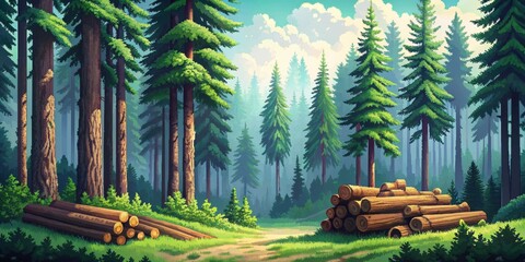 Serene woodland path meandering through a dense evergreen forest, showcasing stacks of freshly cut lumber, bathed in the soft glow of morning sunlight.