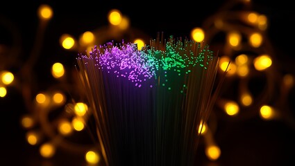 Fiber optic cables with colorful light pulses and blurred yellow lights