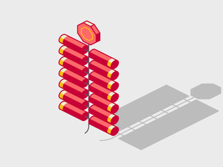 Red firecrackers isometric vector illustration with shadow
