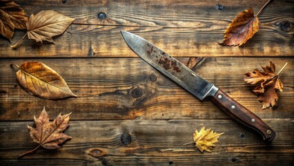 Rustic autumnal still life featuring a weathered knife and fallen leaves on a wooden surface