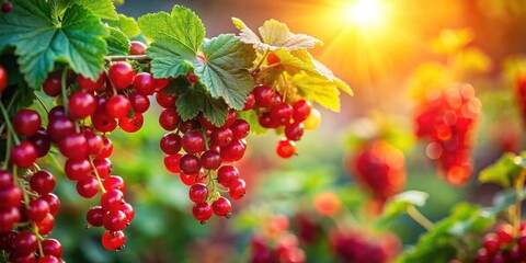 Sunlight Dapples Ripe Red Currants Hanging Abundantly on Lush Green Foliage in a Vibrant Garden Setting