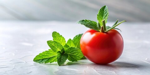 A vibrant red tomato adorned with fresh green mint leaves rests on a subtly textured surface