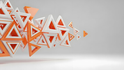 Modern abstract 3D rendering of floating orange and white geometric triangles with wireframe elements on a clean grey background