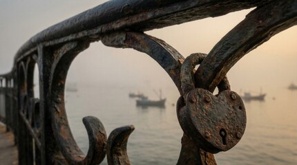 Love Lock on a Misty Morning Waterfront Railing