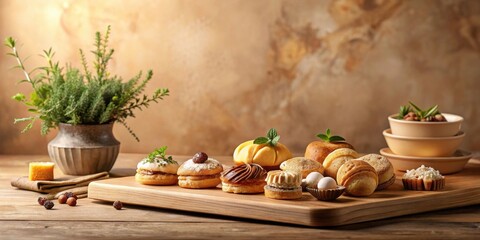 A delectable arrangement of assorted sweet baked goods displayed on a rustic wooden board, complemented by a small herb planter and simple tableware