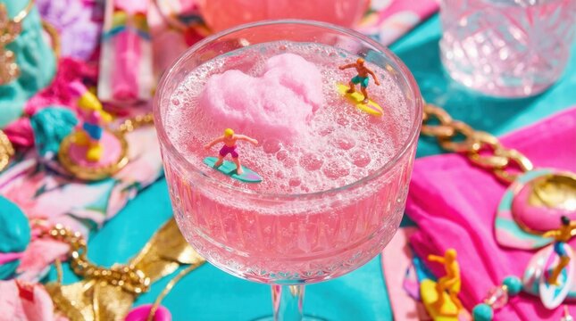 Whimsical Pink Cotton Candy Cocktail with Miniature Surfers